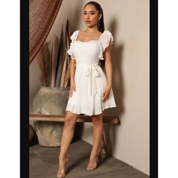 Fashion Nova FE22F048 Women's Sz L White Lace Detail Shannon Mini Dress - Picture 13 of 14